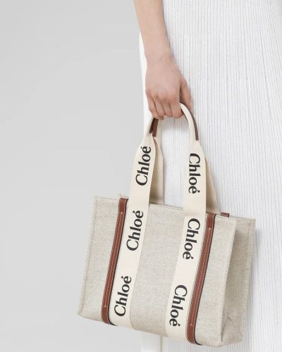 CHLOE Woody branded linen shoulder bag