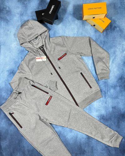Prada Zipper Tracksuit with Hoodie in grey Color