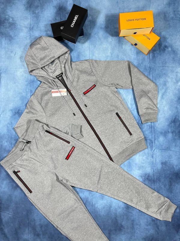 Prada Zipper Tracksuit with Hoodie in grey Color
