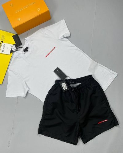 Prada white T-shirt and black Short Set with Horizon Printed Monogram on Short