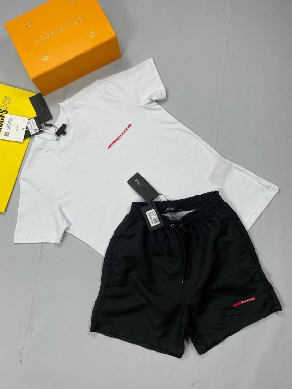 Prada white T-shirt and black Short Set with Horizon Printed Monogram on Short Prada white T-shirt and black Short Set with Horizon Printed Monogram on Short