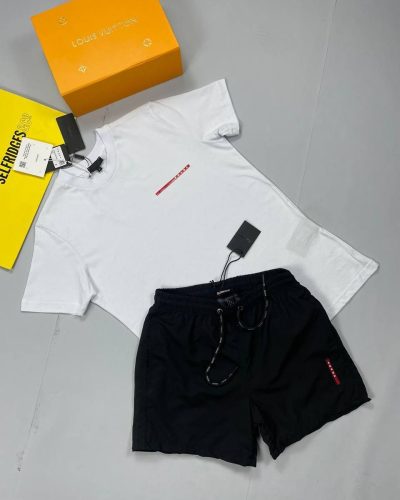 Prada white T-shirt and black Short Set with vertically Logo Printed on Short