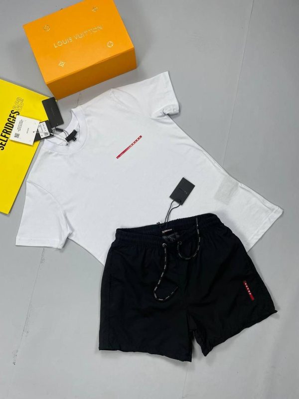 Prada white T-shirt and black Short Set with vertically Logo Printed on Short Prada white T-shirt and black Short Set with vertically Logo Printed on Short