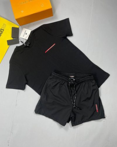 Prada Bllack T-shirt and Black Short Set with vertically Logo Printed on Short