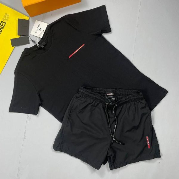 Prada Bllack T-shirt and Black Short Set with vertically Logo Printed on Short