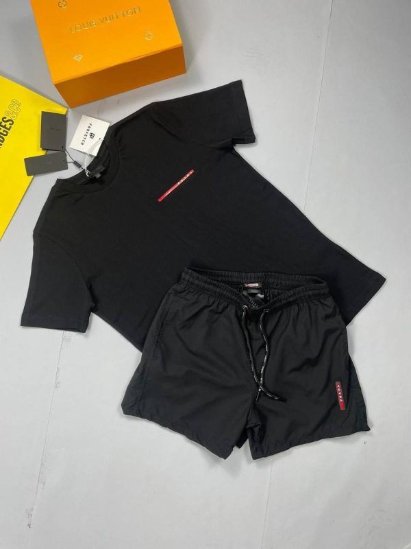Prada Bllack T-shirt and Black Short Set with vertically Logo Printed on Short