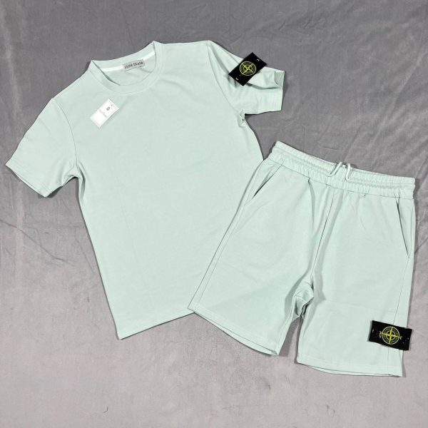 Stone Island T-shirt and Short Set in Light Blue Colour Stone Island T-shirt and Short Set in Light Blue Colour