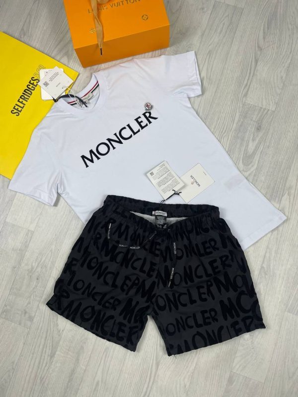Moncler Logo Printed white Tshirt and Black Shorts set Moncler Logo Printed white Tshirt and Black Shorts set