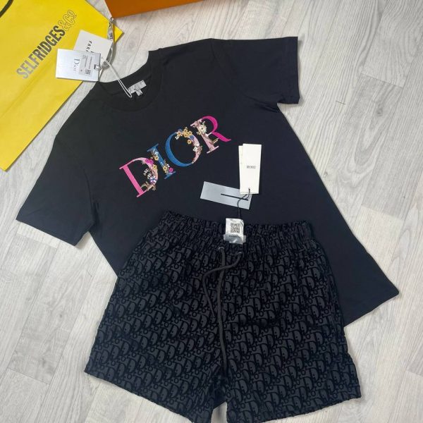 Dior Floral Printed T-shirts and Shorts set in Black T-Shirt