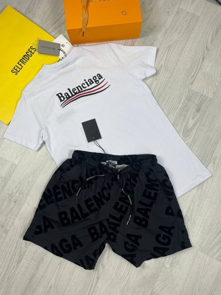 Balenciaga Brand T-Shirt and Shorts Set Two Colors Available High-Quality Material Fashionable Design Trendy Style Comfortable Fit Iconic Logo Detailing Premium Craftsmanship Limited Edition
