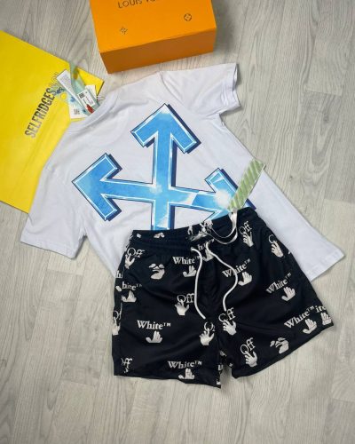 Off-White X Printed T-shirt with black Shorts in 2 White Colour
