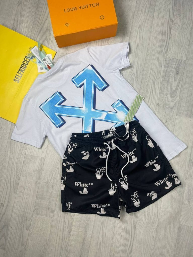 Off-White X Printed T-shirt with black Shorts in 2 White Colour