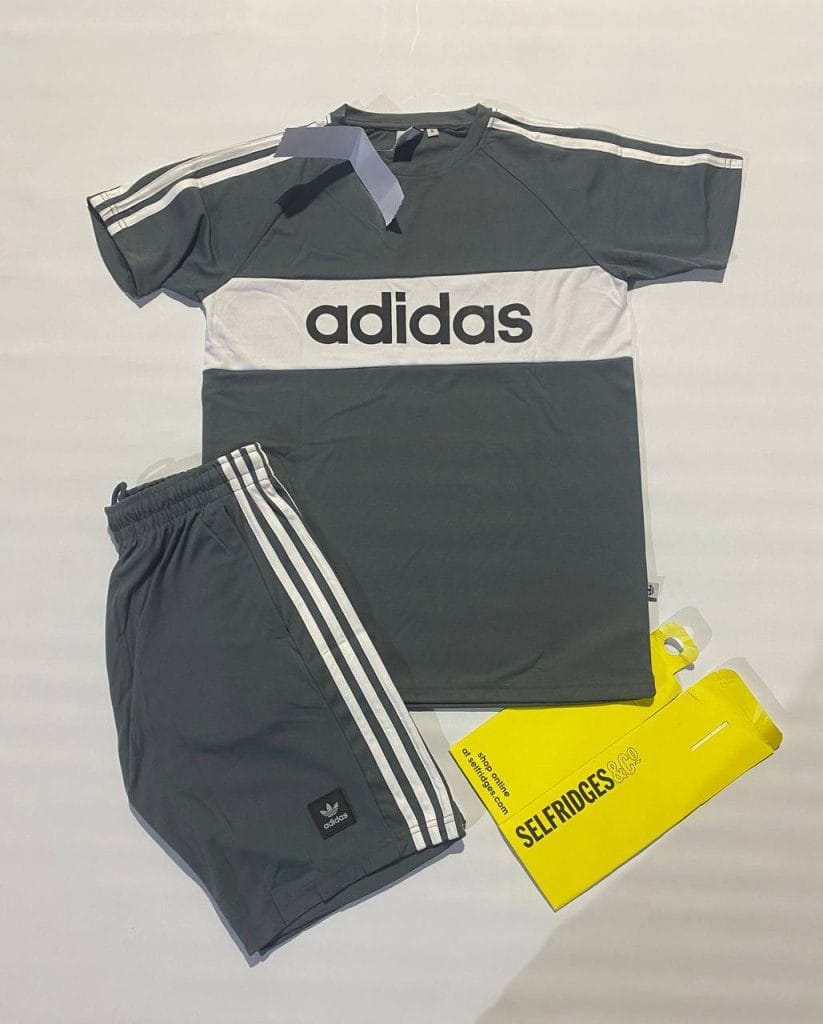 Adidas Stripes Designed Half Sleeves T-shirts and Shorts Set in Grey Colour