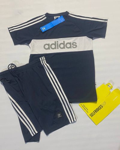 Adidas Stripes Designed Half Sleeves T-shirts and Shorts Set in Blue Colour