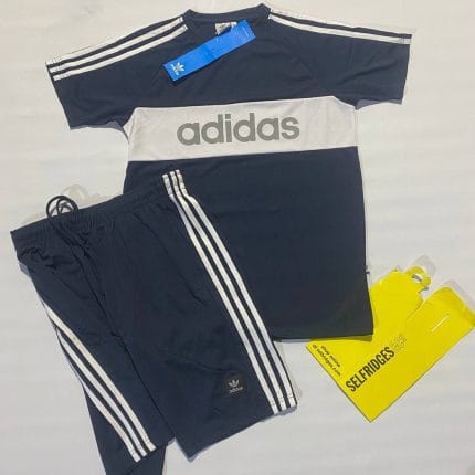 Adidas Stripes Designed Half Sleeves T-shirts and Shorts Set in Blue Colour