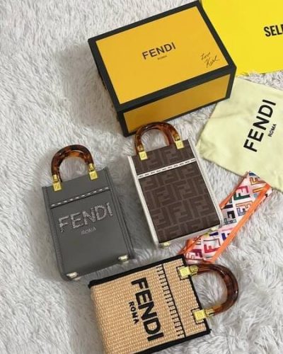 Fendi ROMA Sunshine Shopper Mini Tote Bag A Plus Replica F Logo Leather Handbag for Women in Grey Brown Beige
