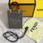 Front view of Fendi Sunshine Mini Tote in dove grey leather with hot-stamped FENDI ROMA logo.