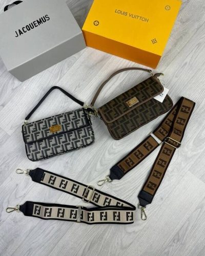 Fendi Marmont Mini Baguette Replica FF Logo Nappa Leather Bag in Black & Brown