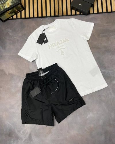Prada Logo Printed white T-shirts and Black Shorts