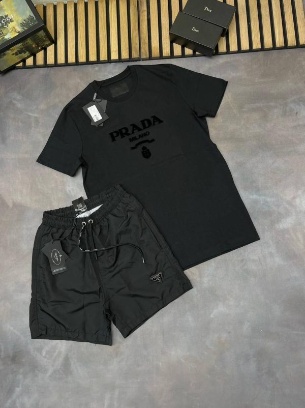 Prada Logo Printed Black T-shirts and Black Shorts Prada Logo Printed Black T-shirts and Black Shorts