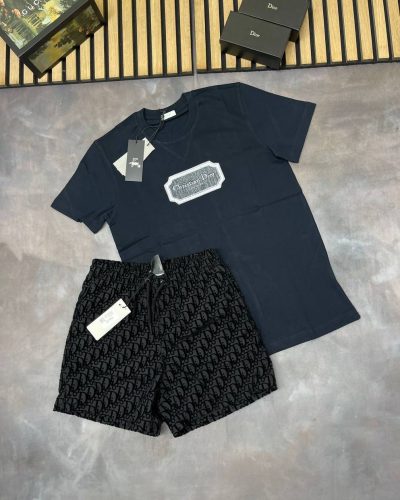 Christian Dior Blue Black T-shirts and Shorts Set