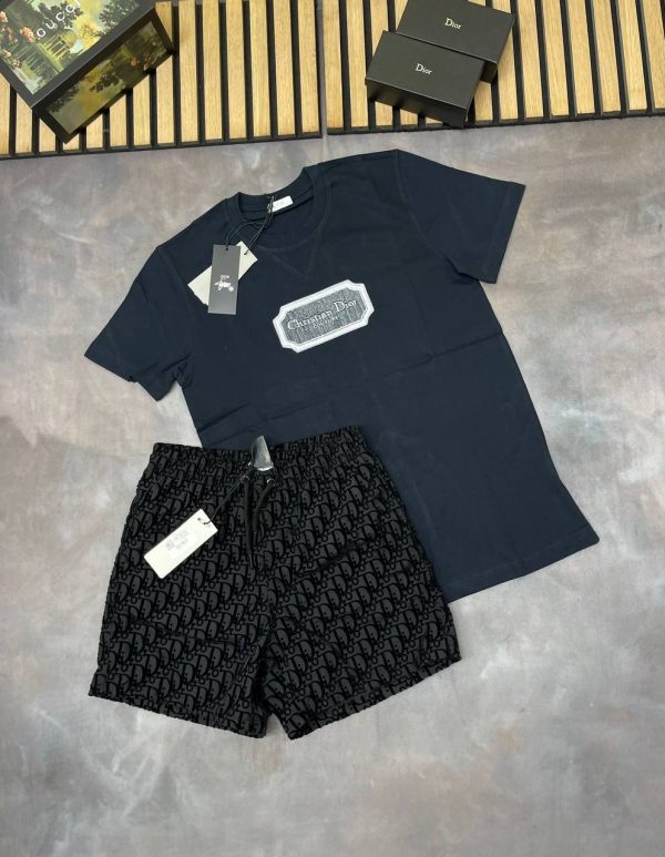 Christian Dior Blue Black T-shirts and Shorts Set