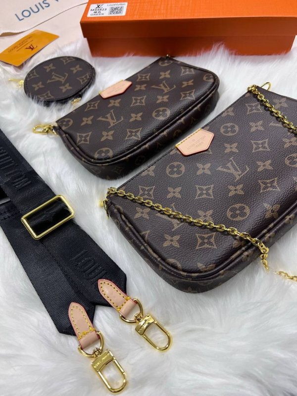 LV Women's Triple Pochette Bag with Black Strap and Chain – Elegant Multi Crossbody LV Women's Triple Pochette Bag with Black Strap and Chain – Elegant Multi Crossbody