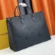Front view of Louis Vuitton LV Women's On The Go Empriente Tote Bag in leather with monogram embossing.