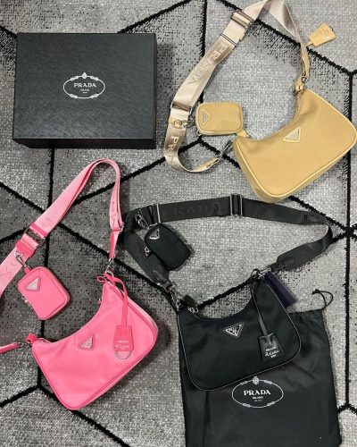 Prada Re-Edition 2005 Multi-Pouch Padded Leather Handbag Crossbody Bag for Women in Black, Begonia Pink & Beige Colour