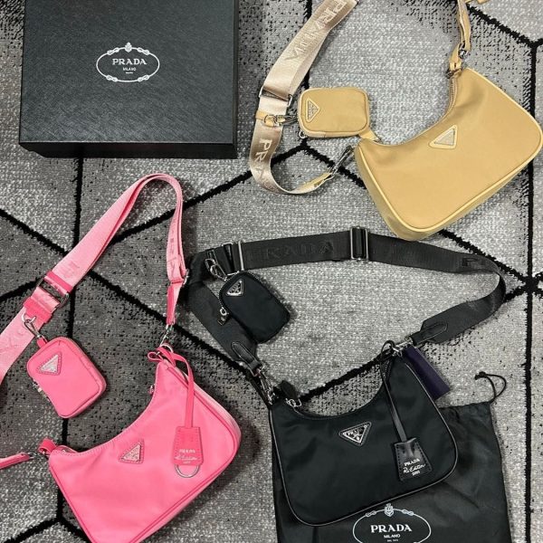 Prada Re-Edition 2005 Multi-Pouch Padded Leather Handbag Crossbody Bag for Women in Black, Begonia Pink & Beige Colour