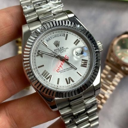Rolex Day-Date with Silver Chain Strap Watch in White Color