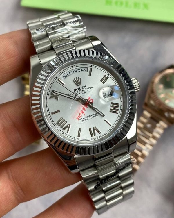 Rolex Day-Date with Silver Chain Strap Watch in White Color