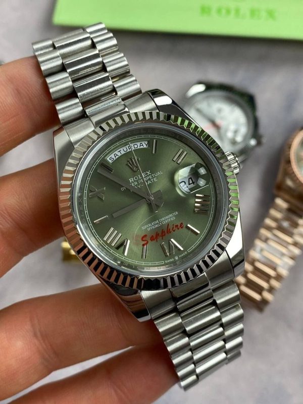 Rolex Day-Date with Silver Chain Strap Watch in Green Color Rolex Day-Date with Silver Chain Strap Watch in Green Color