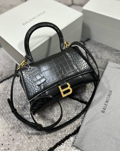 Balenciaga Hourglass Mini Bag – Crocodile-Embossed Leather Replica for Women (Black)