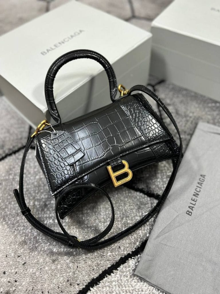 Balenciaga Hourglass Mini Bag – Crocodile-Embossed Leather Replica for Women (Black)