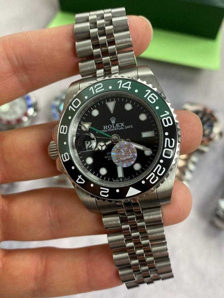 Rolex GMT Master II With Silver Chain Strap and Green Dial