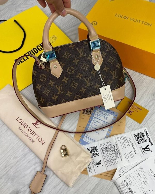 Front View of Louis Vuitton Replica Alma PM Crossbody Bag in Brown Monogram Leather