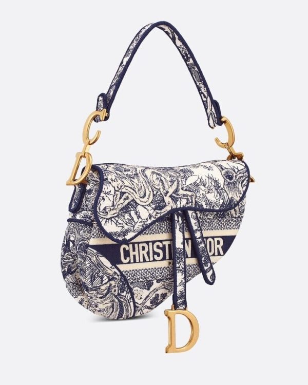 Christian Dior Toile De Jouy Embroidery Saddle Bag With Shoulder Strap In Grey Color