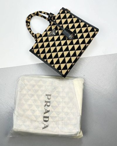 Small Prada Symbole Embroidered Fabric Handbag Black Beige