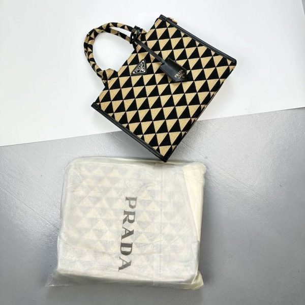 Small Prada Symbole Embroidered Fabric Handbag Black Beige
