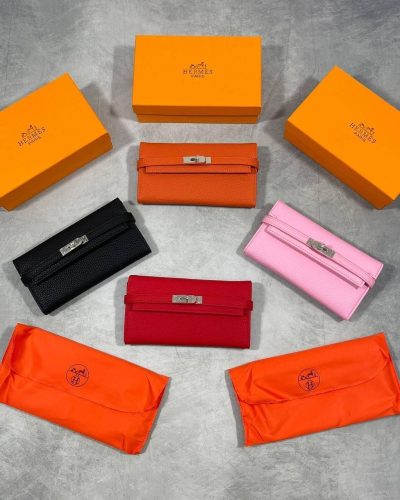 Hermes Kelly Long Wallet Padlock Design Women Luxury Bag in Black Orange Red and Pink Color