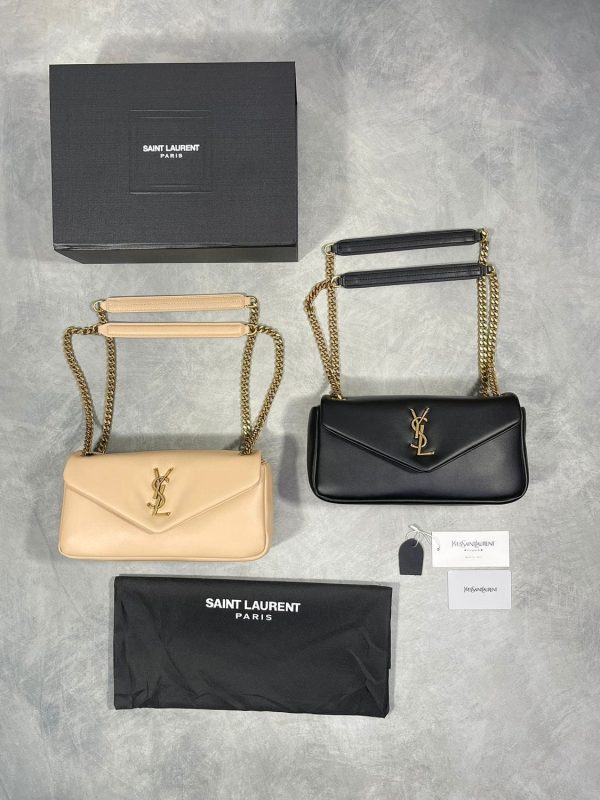 YSL Saint Laurent Logo Chain Wallet Black and Beige Leather Crossbody Bag for Women
