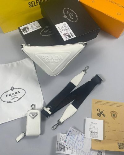 Prada Milano Triangle Leather Shoulder Bag In White Colour