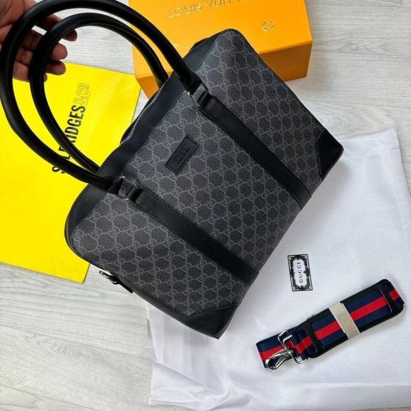 Gucci GG Briefcase Leather Trimmed Monogrammed Coated Laptop Bag In Black & Brown Colors