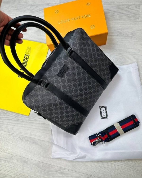 Gucci GG Briefcase Leather Trimmed Monogrammed Coated Laptop Bag In Black & Brown Colors