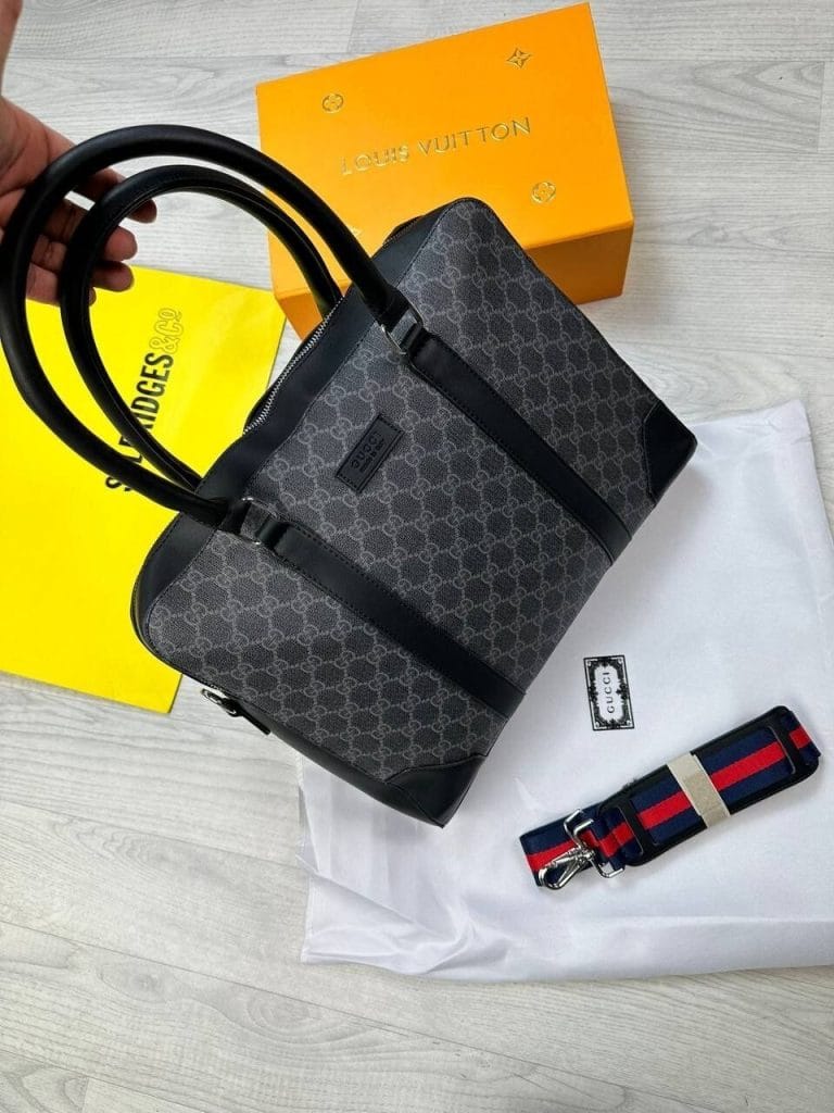 Gucci GG Briefcase Leather Trimmed Monogrammed Coated Laptop Bag In Black & Brown Colors