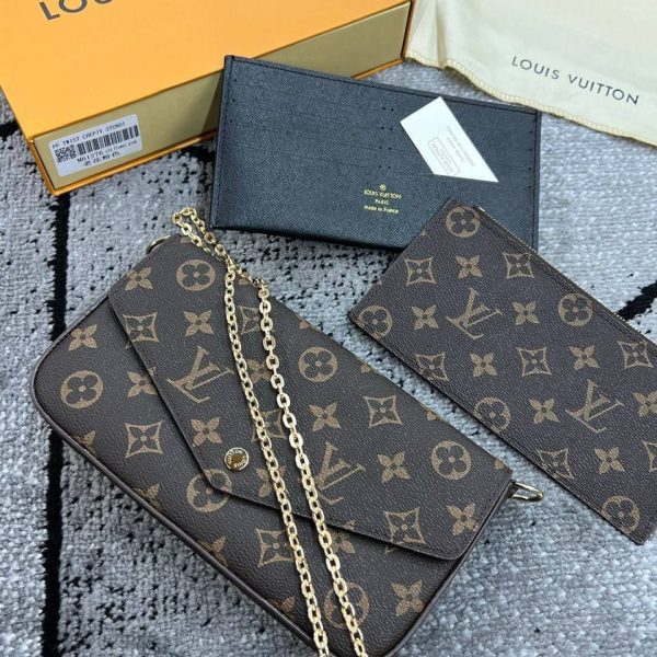 Louis Vuitton LV Women's Felicie Triple Trio Pochette Chain Strap Bag Brown and Black