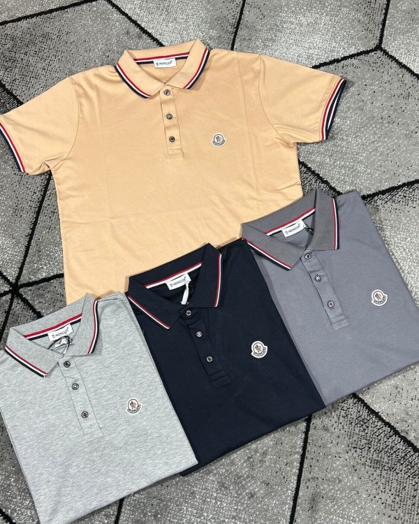 Moncler Replica Polo Shirts for Men & Women Logo Patch, Half Sleeve In Beige, Light & Dark Grey, Navy Blue Colours