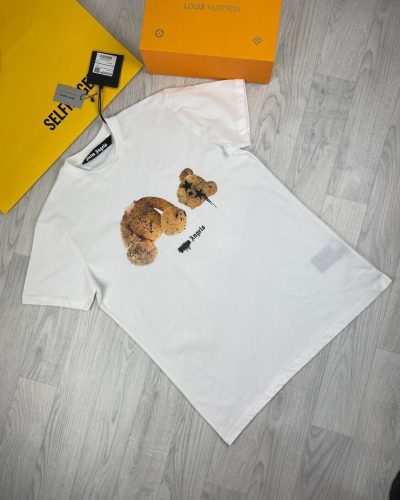 Palm Angels Bear Classic Tshirt Teddy Print Round Neck T-Shirt in white color