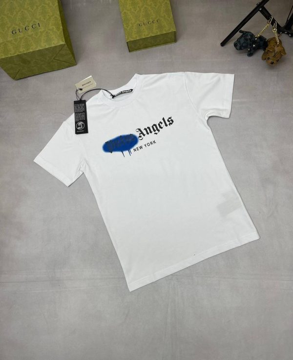 Palm Angels Sprayed Tshirt For Men’s in white with blue color Palm Angels Sprayed Tshirt For Men’s in white with blue color